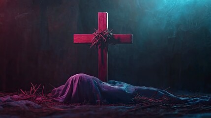 Canvas Print - Wooden cross with crown of thorns and shroud on dark background. Good Friday concept 