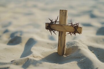 Poster - Wooden cross with crown of thorns in the sand. Good Friday concept 