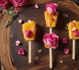 Wall Mural - A delicate rose petal and honeycomb toffee dessert on a wooden stick, springtime, garden