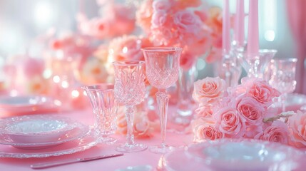 Pink tables for a wedding reception or other occasion. Dinner at a restaurant with a lavish, sophisticated table setting. plates and glasses