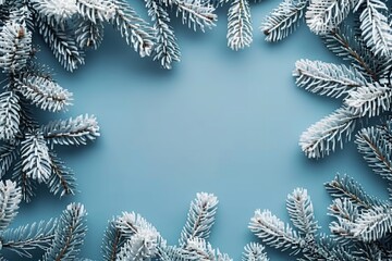 Poster - A close-up view of an arrangement made of white fir branches on a blue backdrop with plenty of content room for text or backdrop usage, Generative AI