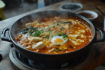 Wall Mural - Traditional Korean Kimchi Stew with tofu and egg served in a hot pot on a wooden table