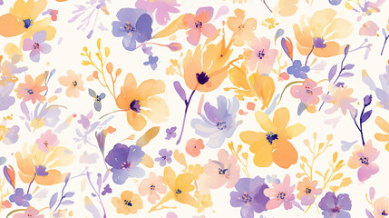Wall Mural - The image is a vibrant watercolor pattern featuring a mix of flowers in shades of purple, yellow, orange, and pink