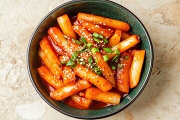 Turquoise dish holding Korean tteokbokki or garaetteok taken from above on a light beige stone surface