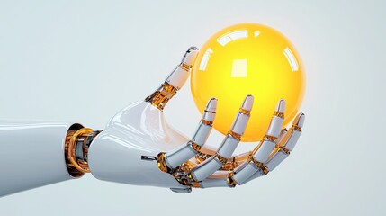 Poster - A robotic hand delicately holds a glowing yellow sphere, symbolizing technology and innovation.