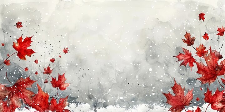 An intricate watercolor painting of maple leaves with an aerial view a close-up and a large text area on a grey snowy setting, Generative AI.