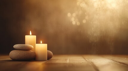 A serene scene featuring two lit candles beside smooth stones, creating a calming atmosphere with warm light and soft background.