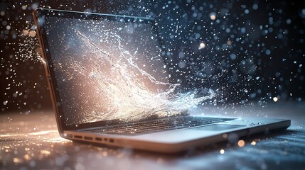 Poster - Water splashing from laptop screen, digital explosion.