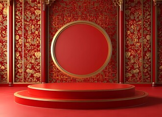 Poster - Chinese-style background, with a red and gold color scheme and an empty circular stage in the middle. The walls are decorated with Chinese patterns.