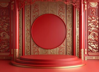 Poster - Chinese-style background, with a red and gold color scheme and an empty circular stage in the middle. The walls are decorated with Chinese patterns.