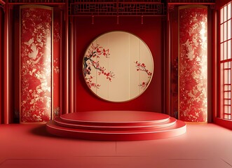 Poster - Chinese-style background, with a red and gold color scheme and an empty circular stage in the middle. The walls are decorated with Chinese patterns.