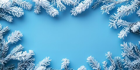 Poster - A close-up view of an arrangement made of white fir branches on a blue backdrop with plenty of content room for text or backdrop usage, Generative AI