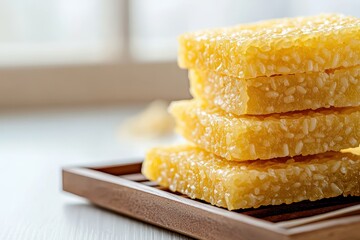 Wall Mural - Zoomed in view of piled yellow scorched rice on wooden tray and white surface South Korea