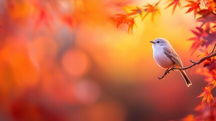 Poster - A serene scene featuring a small bird perched on a branch amidst vibrant autumn leaves in warm colors.