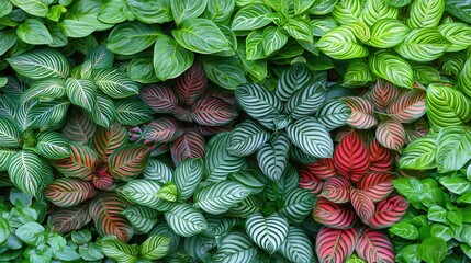 Poster - A vibrant array of leafy plants displaying various shades of green, with intricate patterns and some hints of red, creating a lush, textured background.