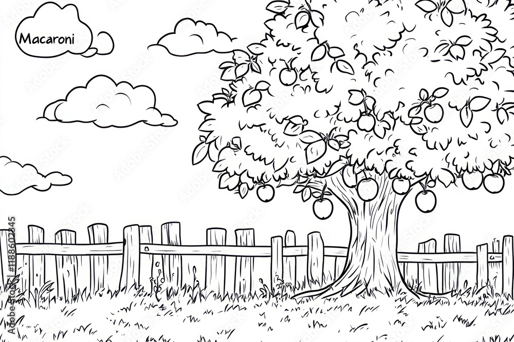 Apple tree coloring page, farm scene, orchard, kids activity Stock