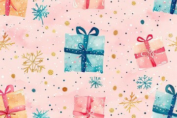 Aufkleber - Lovely gift boxes with snowflakes and glitter that celebrate the Christmas season in a seamless pattern over a pale setting with a lovely eve aesthetic and space, Generative AI.