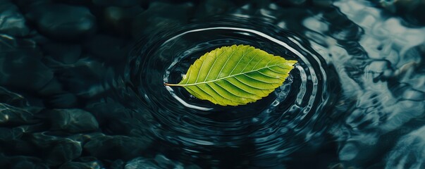 Aufkleber - A vibrant green leaf floats on the surface of dark water, creating gentle ripples that enhance the serene atmosphere of nature.