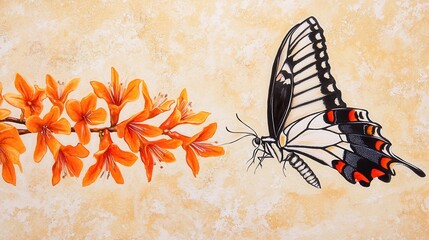 Poster - A vibrant butterfly perched near a cluster of bright orange flowers against a soft, warm background, showcasing nature's beauty and detail.