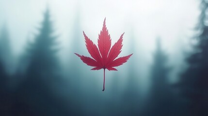 Poster - A vibrant red maple leaf stands out against a misty forest backdrop, creating a striking contrast in nature's serene environment.
