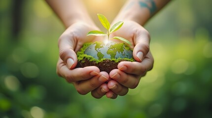 Environment Earth Day In the hands holding green earth. Saving the environment, and environmentally sustainable. Save Earth. Concept of the Environment World Earth Day. Net Zero.Green Energy and ESG