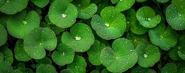 Poster - A lush arrangement of green leaves covered in droplets of water, showcasing a vibrant and fresh natural scene.