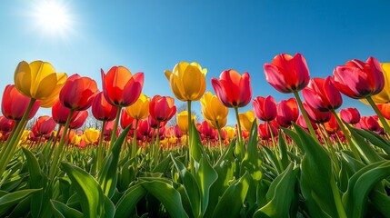 Tulip Farming and Trade: Vibrant Fields of Red, Pink and Yellow Blooms Under a Bright Sky for Floriculture Business and Spring Markets