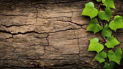Poster - A textured wooden surface with cracks, adorned by vibrant green ivy leaves, showcasing a harmonious blend of nature and rustic charm.