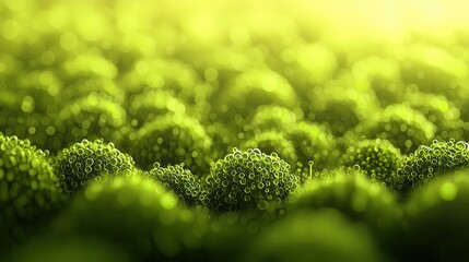 Poster - A vibrant close-up of green moss or algae, showcasing a lush and textured landscape illuminated by soft light.