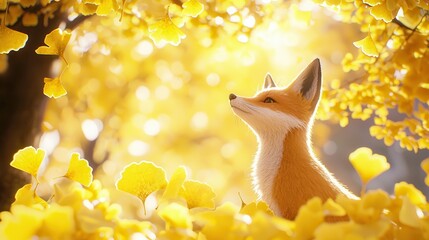 Poster - A serene fox surrounded by vibrant yellow foliage, basking in warm light, creates a tranquil and enchanting atmosphere.