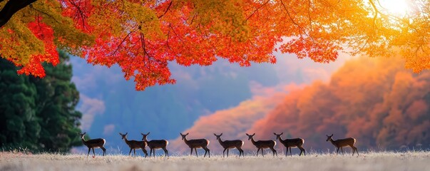 Poster - A serene autumn scene with a line of deer grazing under vibrant, colorful trees during sunset.