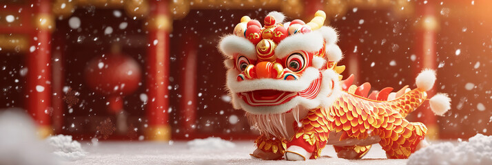 Wall Mural - A festive dragon performs a traditional lion dance on snow-covered ground, with red and yellow accents adding vibrancy. Surrounded by ancient architecture, this scene radiates cultural joy.