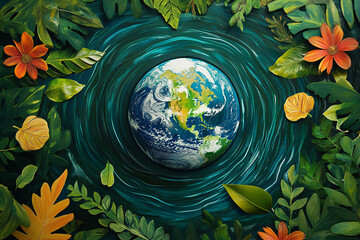 Poster - Earth surrounded by colorful leaves and rippling water in a vibrant design