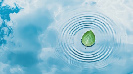 Aufkleber - A calm, serene image of a single green leaf floating on water, creating ripples, surrounded by a blue sky reflection.