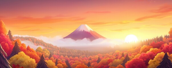 Poster - A serene landscape featuring a majestic mountain at sunrise, surrounded by vibrant autumn foliage and misty valleys.