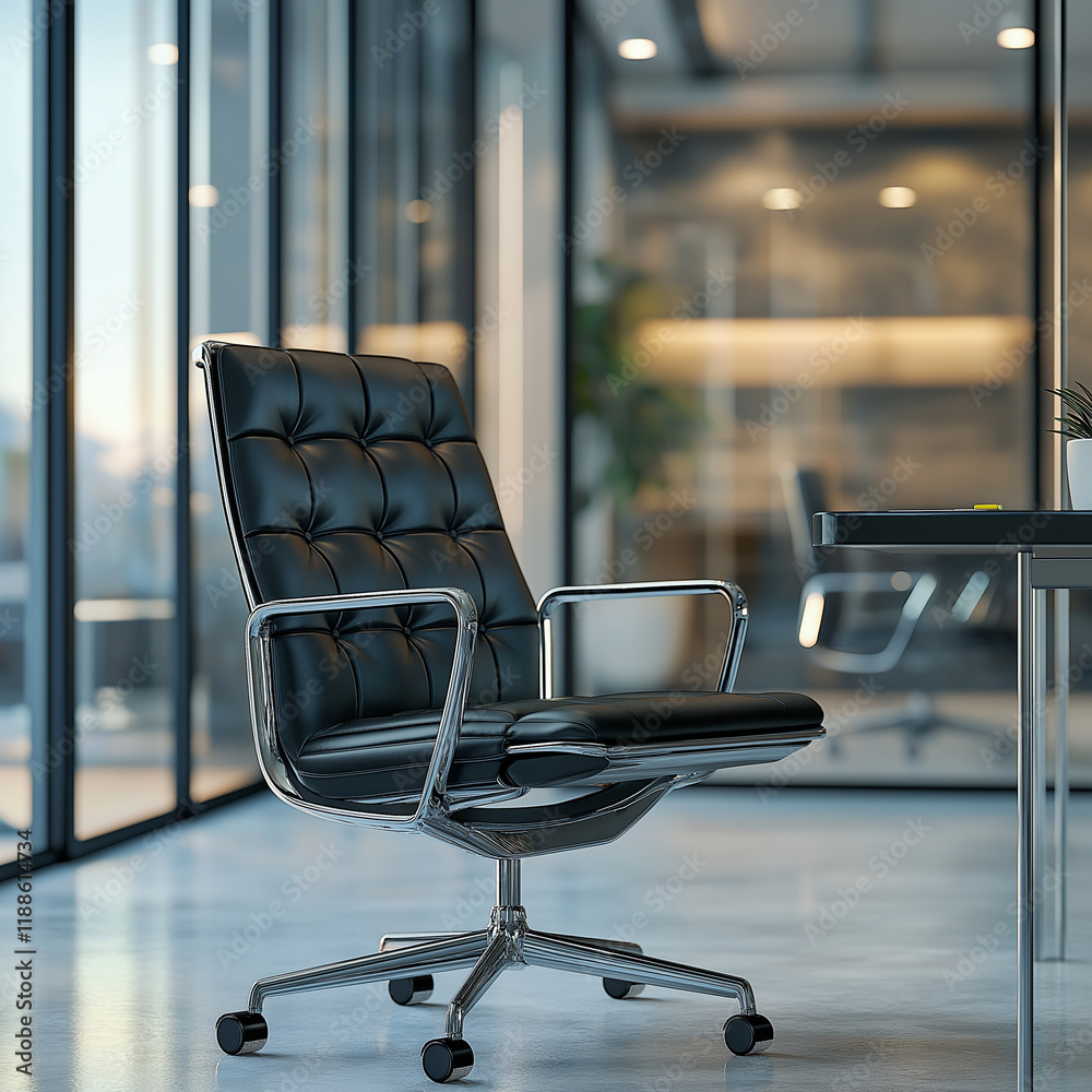 Modern office interior, close-up of a black leather chair and desk with ...