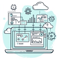 Poster - Laptop displays data analysis charts and cloud computing
