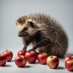 Wall Mural - A porcupine sniffing a red apple on a minimalist white background.


