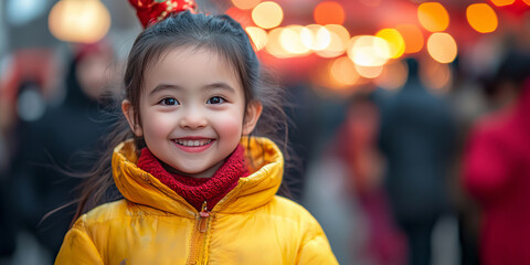 Wall Mural - A joyful little girl in vibrant yellow and red beams in front of her family during Chinese New Year festivities. The blurred background showcases the lively celebrations and festive spirit.