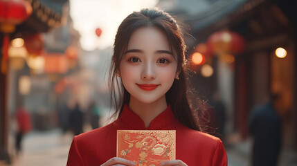 Wall Mural - A smiling young woman dressed in traditional red holds an open Spring Festival envelope. She stands against a bustling street adorned with ancient architecture, lanterns, and festive decor.