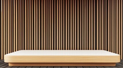 Poster - Minimalist wooden platform against slatted wall.