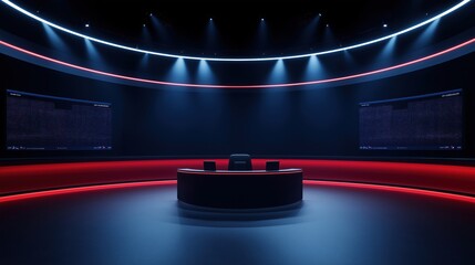 Leinwandbilder - Modern virtual studio backdrop for TV news live shows. Empty circular studio with dark walls, red accents. Circular desk, two large screens displaying data. Suitable for VR tracking system.
