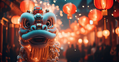 Wall Mural - A lion dance bursts into life amid glowing red lanterns and sparkling fireworks, illuminating the streets during Chinese New Year, capturing the vibrancy of tradition and festivity.