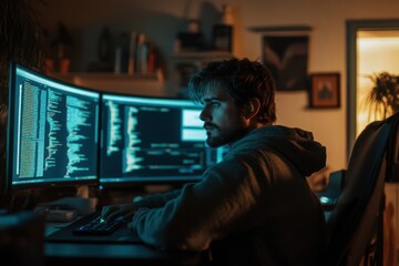 Fototapete - Programmer working late at night in a cozy home office with dual monitors