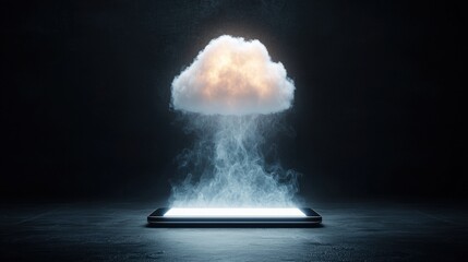 Poster - Conceptual cloud storage above smartphone on dark surface with glowing light