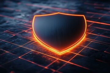 Poster - Dark Shield with Neon Glow on Digital Background for Protection Concept