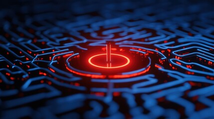 Poster - Abstract Neon Circuit Board Design with Central Red Element and Blue Background
