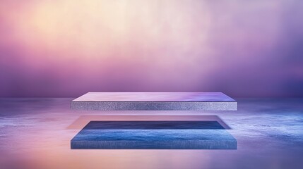 Poster - Floating geometric shapes with ethereal gradient background in soft pastel tones