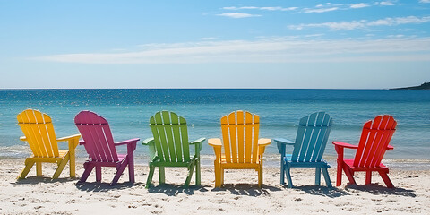 Colorful wooden chairs on the beach by the sea, perfect for vacation relaxation, capturing vibrant details and stunning composition, ideal for beach getaway concepts.