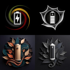 Aufkleber - Abstract illustrations of battery icons nestled within vibrant, stylized natural and energy-themed designs.  The visuals emphasize power, nature, and sustainability.